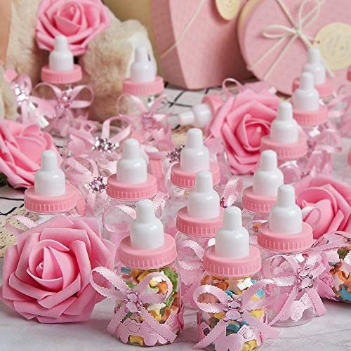 MACTING 2 Dozens 3.5 Inch Feeding Bottle Candy Box with 5 Pcs Artificial Flower Rose for Baby Shower Favor Gift Decoration (Pink)