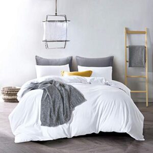 atsense duvet cover king size, 100% washed cotton linen feel super soft comfortable, 3-piece white duvet cover bedding set, durable and easy care, simple style farmhouse comforter cover