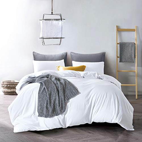 ATsense Duvet Cover King Size, 100% Washed Cotton Linen Feel Super Soft Comfortable, 3-Piece White Duvet Cover Bedding Set, Durable and Easy Care, Simple Style Farmhouse Comforter Cover