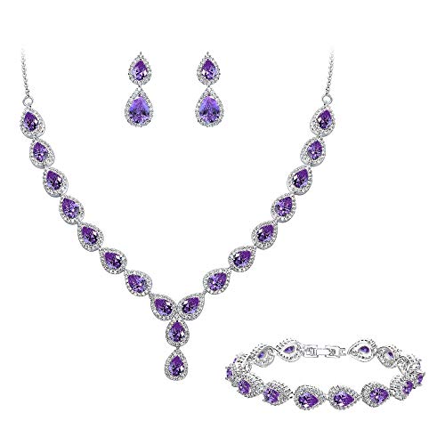 BriLove Wedding Bridal CZ Necklace Bracelet Earrings Jewelry Set for Women Teardrop Infinity Figure 8 Y-Necklace Tennis Bracelet Dangle Earrings Set Amethyst Color Silver-Tone February Birthstone