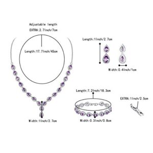 BriLove Wedding Bridal CZ Necklace Bracelet Earrings Jewelry Set for Women Teardrop Infinity Figure 8 Y-Necklace Tennis Bracelet Dangle Earrings Set Amethyst Color Silver-Tone February Birthstone