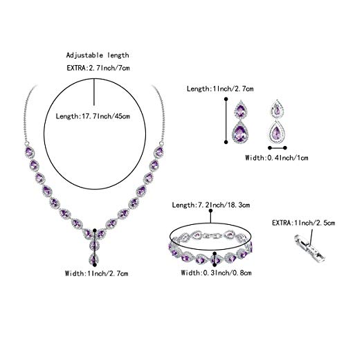 BriLove Wedding Bridal CZ Necklace Bracelet Earrings Jewelry Set for Women Teardrop Infinity Figure 8 Y-Necklace Tennis Bracelet Dangle Earrings Set Amethyst Color Silver-Tone February Birthstone