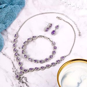 BriLove Wedding Bridal CZ Necklace Bracelet Earrings Jewelry Set for Women Teardrop Infinity Figure 8 Y-Necklace Tennis Bracelet Dangle Earrings Set Amethyst Color Silver-Tone February Birthstone