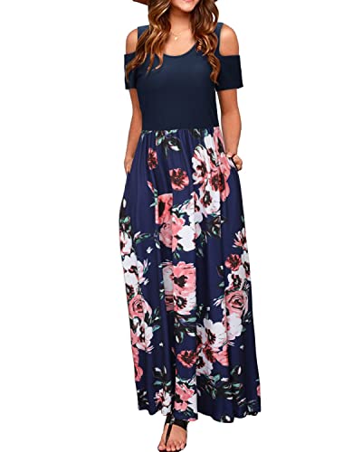 STYLEWORD Womens 2023 Fashion Summer Floral Wedding Guest Maxi Long Dress with Pocket Cold Shoulder Casual(Floral04,L)