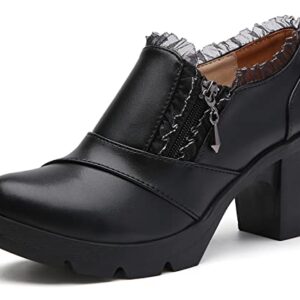 DADAWEN Women's Casual Zipper Lace Platform Mid-Heel Square Toe Oxfords Dress Shoes Black US Size 8