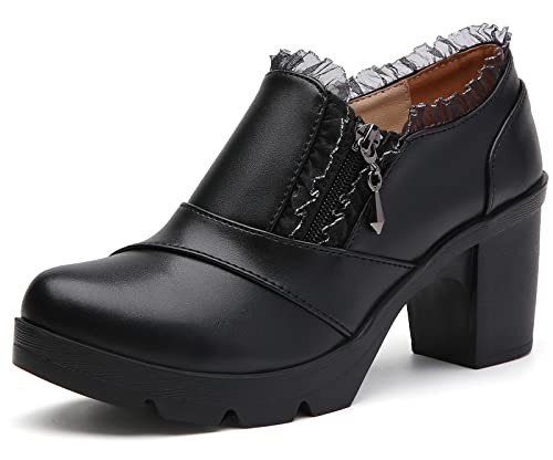 DADAWEN Women's Casual Zipper Lace Platform Mid-Heel Square Toe Oxfords Dress Shoes Black US Size 8