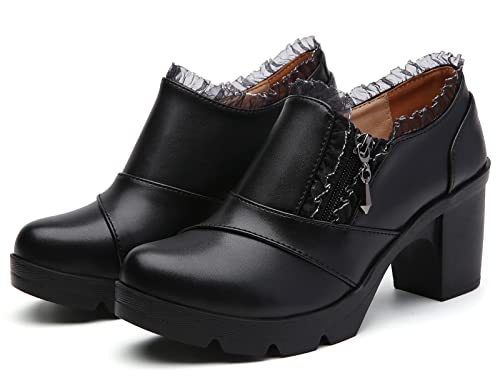 DADAWEN Women's Casual Zipper Lace Platform Mid-Heel Square Toe Oxfords Dress Shoes Black US Size 8