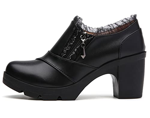 DADAWEN Women's Casual Zipper Lace Platform Mid-Heel Square Toe Oxfords Dress Shoes Black US Size 8