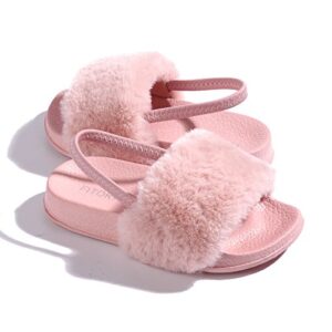 FITORY Girls Sandals Toddler, Faux Fur Slides with Elastic Back Strap Flats Shoes for Kids