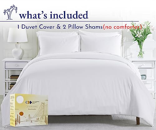 California Design Den Duvet Cover, Queen Size 400 Thread Count Sateen 3 Piece Bedding Set, 100% Pure Cotton Comforter Cover, Two Pillow Shams, Button Closure, Corner Ties, Bright White