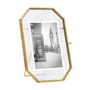 isaac jacobs 4x6 vintage style octagon brass & glass, metal floating picture frame with locket closure (vertical), made for tabletop display, (fits up to a cutout 4” x 6” - see images for other sizes)