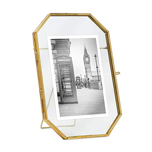 Isaac Jacobs 4x6 Vintage Style Octagon Brass & Glass, Metal Floating Picture Frame with Locket Closure (Vertical), Made for Tabletop Display, (Fits up to a cutout 4” x 6” - See images for other sizes)