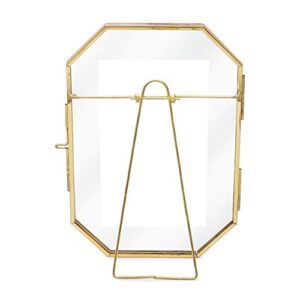 Isaac Jacobs 4x6 Vintage Style Octagon Brass & Glass, Metal Floating Picture Frame with Locket Closure (Vertical), Made for Tabletop Display, (Fits up to a cutout 4” x 6” - See images for other sizes)