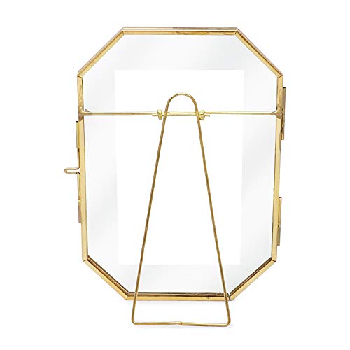 Isaac Jacobs 4x6 Vintage Style Octagon Brass & Glass, Metal Floating Picture Frame with Locket Closure (Vertical), Made for Tabletop Display, (Fits up to a cutout 4” x 6” - See images for other sizes)