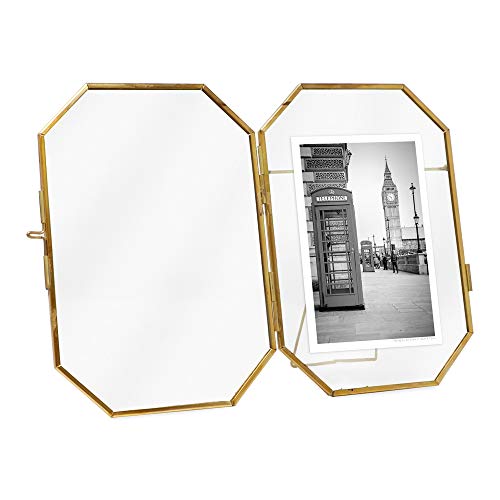 Isaac Jacobs 4x6 Vintage Style Octagon Brass & Glass, Metal Floating Picture Frame with Locket Closure (Vertical), Made for Tabletop Display, (Fits up to a cutout 4” x 6” - See images for other sizes)