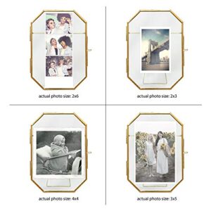 Isaac Jacobs 4x6 Vintage Style Octagon Brass & Glass, Metal Floating Picture Frame with Locket Closure (Vertical), Made for Tabletop Display, (Fits up to a cutout 4” x 6” - See images for other sizes)