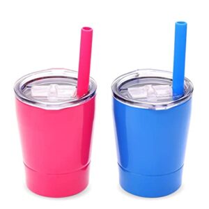 Colorful PoPo Small Cute Kids Cups 2 Pack, Stainless Steel Kid Tumbler with Lid and Straw, Double Wall Vacuum Insulated Toddler Sippy Cups, Children Smoothie Drinking Cup - Pink and Blue