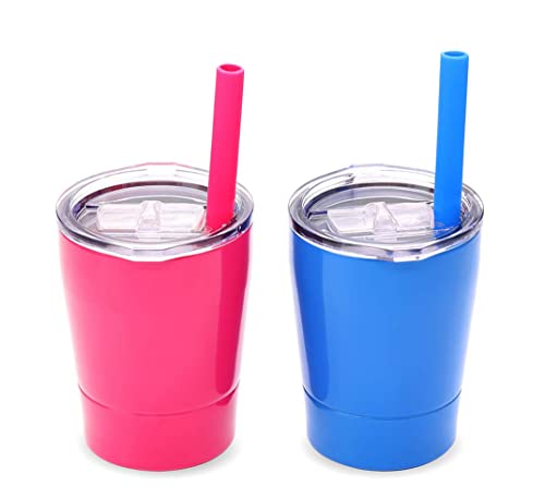 Colorful PoPo Small Cute Kids Cups 2 Pack, Stainless Steel Kid Tumbler with Lid and Straw, Double Wall Vacuum Insulated Toddler Sippy Cups, Children Smoothie Drinking Cup - Pink and Blue