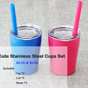 Colorful PoPo Small Cute Kids Cups 2 Pack, Stainless Steel Kid Tumbler with Lid and Straw, Double Wall Vacuum Insulated Toddler Sippy Cups, Children Smoothie Drinking Cup - Pink and Blue