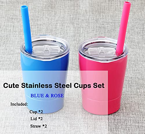 Colorful PoPo Small Cute Kids Cups 2 Pack, Stainless Steel Kid Tumbler with Lid and Straw, Double Wall Vacuum Insulated Toddler Sippy Cups, Children Smoothie Drinking Cup - Pink and Blue