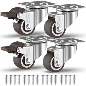gbl 1" inch small caster wheels with 2 brakes + screws - 90lbs - low profile castor wheels with brakes - set of 4 no floor marks silent casters - mini wheels for cart