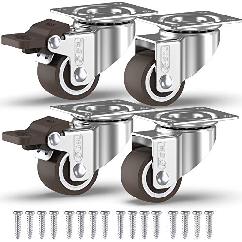 GBL 1" inch Small Caster Wheels with 2 Brakes + Screws - 90Lbs - Low Profile Castor Wheels with Brakes - Set of 4 No Floor Marks Silent Casters - Mini Wheels for Cart