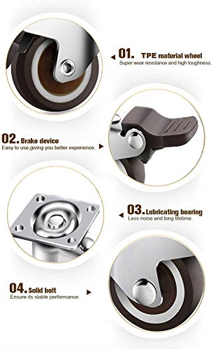 GBL 1" inch Small Caster Wheels with 2 Brakes + Screws - 90Lbs - Low Profile Castor Wheels with Brakes - Set of 4 No Floor Marks Silent Casters - Mini Wheels for Cart