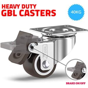 GBL 1" inch Small Caster Wheels with 2 Brakes + Screws - 90Lbs - Low Profile Castor Wheels with Brakes - Set of 4 No Floor Marks Silent Casters - Mini Wheels for Cart