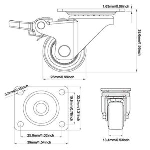 GBL 1" inch Small Caster Wheels with 2 Brakes + Screws - 90Lbs - Low Profile Castor Wheels with Brakes - Set of 4 No Floor Marks Silent Casters - Mini Wheels for Cart