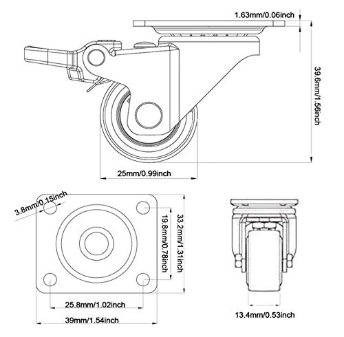 GBL 1" inch Small Caster Wheels with 2 Brakes + Screws - 90Lbs - Low Profile Castor Wheels with Brakes - Set of 4 No Floor Marks Silent Casters - Mini Wheels for Cart