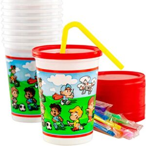 leakproof 12oz kids party cups with lid and straw 10pk. super durable and dishwasher-safe with bpa free material is reusable or take and toss! great for child birthday parties travel or bathroom cup.