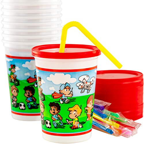 Leakproof 12oz Kids Party Cups With Lid and Straw 10Pk. Super Durable and Dishwasher-Safe With BPA Free Material is Reusable or Take and Toss! Great for Child Birthday Parties Travel or Bathroom Cup.