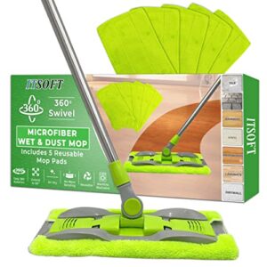 itsoft microfiber hardwood floor mop - stainless steel handle with extension and 5 reusable mop pads, for wet or dry floor cleaning, green