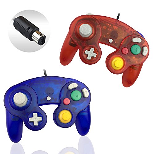 Reiso 2 Packs NGC Controllers Classic Wired Controller for Wii Gamecube (2 Packs Clear Red and Clear Blue)