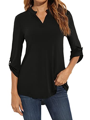 Zattcas Womens Floral Printed Tunic Shirts 3/4 Roll Sleeve Notch Neck Tunic Top,Solid Black,XX-Large