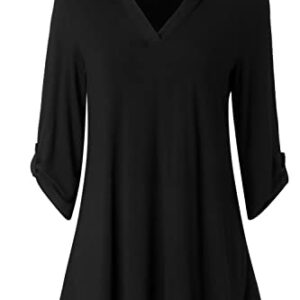 Zattcas Womens Floral Printed Tunic Shirts 3/4 Roll Sleeve Notch Neck Tunic Top,Solid Black,XX-Large