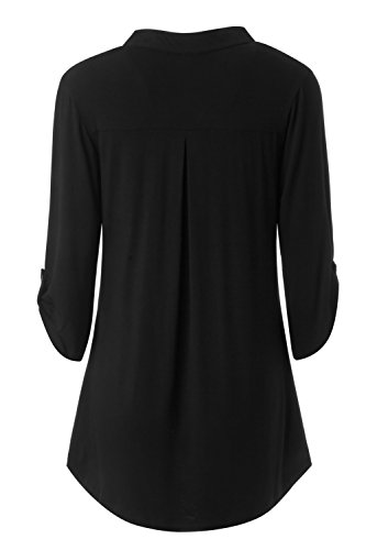 Zattcas Womens Floral Printed Tunic Shirts 3/4 Roll Sleeve Notch Neck Tunic Top,Solid Black,XX-Large