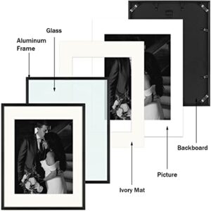 Frametory, Aluminum Gallery Wall Frame Set with Ivory Color Mat - 7 Pack of Metal Picture Frames with Real Glass - Four 5x7, Two 8x10, One 11x14 - Great for Photos, Artworks, Posters (Black)