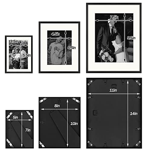 Frametory, Aluminum Gallery Wall Frame Set with Ivory Color Mat - 7 Pack of Metal Picture Frames with Real Glass - Four 5x7, Two 8x10, One 11x14 - Great for Photos, Artworks, Posters (Black)