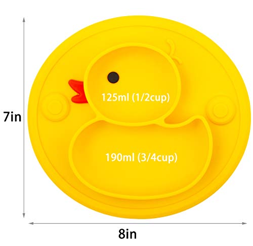 Linowos Silicone Divided Toddler Plates, Portable Non Slip Suction Plates for Children Babies and Kids BPA Free Baby Dinner Plate (Duck-Yellow) 1