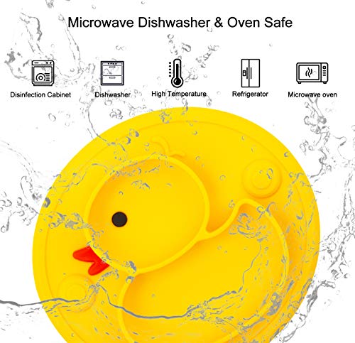 Linowos Silicone Divided Toddler Plates, Portable Non Slip Suction Plates for Children Babies and Kids BPA Free Baby Dinner Plate (Duck-Yellow) 1