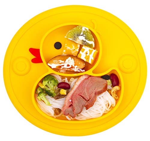 Linowos Silicone Divided Toddler Plates, Portable Non Slip Suction Plates for Children Babies and Kids BPA Free Baby Dinner Plate (Duck-Yellow) 1