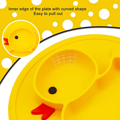 Linowos Silicone Divided Toddler Plates, Portable Non Slip Suction Plates for Children Babies and Kids BPA Free Baby Dinner Plate (Duck-Yellow) 1