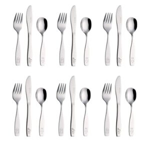 exzact exzact children's flatware kids silverware 18pcs/toddler utensils - 6 x forks, 6 x safe dinner knives, 6 x dinner spoons - engraved dog cat bunny