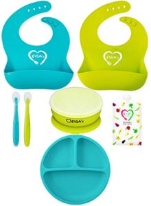 evla's baby feeding set, baby led weaning supplies, adjustable silicone bibs, divided plate, suction bowl with lid, soft spoons for babies or toddlers, baby registry must have!