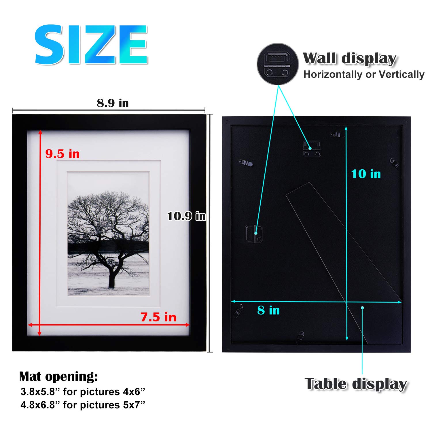 Egofine 8x10 Picture Frames 4 PCS, Made of Solid Wood Display 4x6 and 5x7 with Mat Covered by Plexiglass, for Table Top Display and Wall Mounting, photo frame Black
