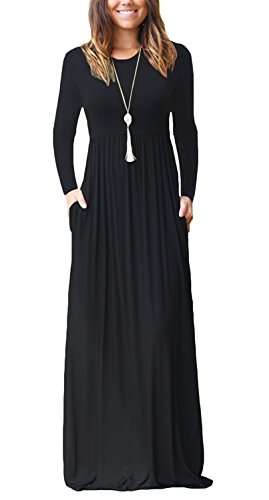 PCEAIIH Women Long Sleeve Loose Plain Maxi Dresses Casual Long Dresses with Pockets Black X-Large