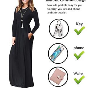 PCEAIIH Women Long Sleeve Loose Plain Maxi Dresses Casual Long Dresses with Pockets Black X-Large