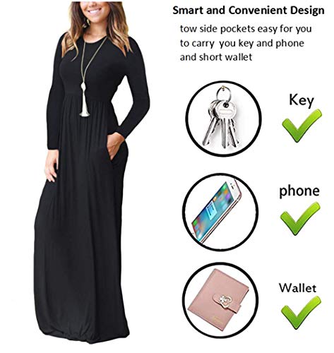 PCEAIIH Women Long Sleeve Loose Plain Maxi Dresses Casual Long Dresses with Pockets Black X-Large