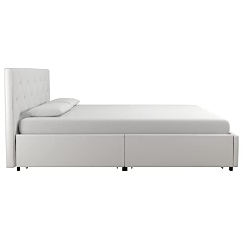 DHP Dakota Upholstered Platform Bed with Underbed Storage Drawers and Diamond Button Tufted Headboard and Footboard, No Box Spring Needed, Full, White Faux Leather